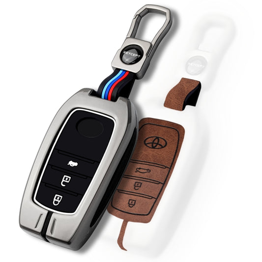 Keycept Metal Alloy Car Key Cover for Toyota Fortuner, Hilux, Innova Crysta, Legender, Innova HyCross, Land Cruiser Key Cover with Keychain (Dual Black & Tan)