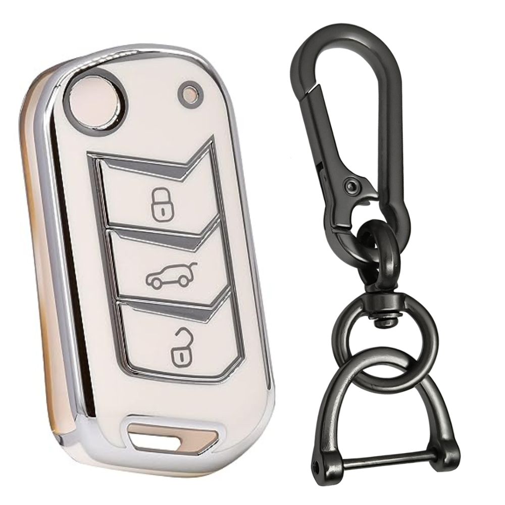 White Silver Line TPU Car Key Cover For Mahindra Scorpio, Tuv, Bolero, 3XO, Thar, Thar Roxx, XUV 700 3 Button Flip Key With Keychain