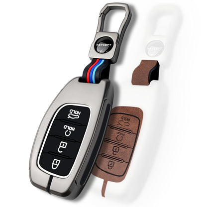 Keycept Metal Alloy Car Key Cover for Hyundai Alcazar, Creta, Tucson Key Cover with keychain (Dual Black & Tan)