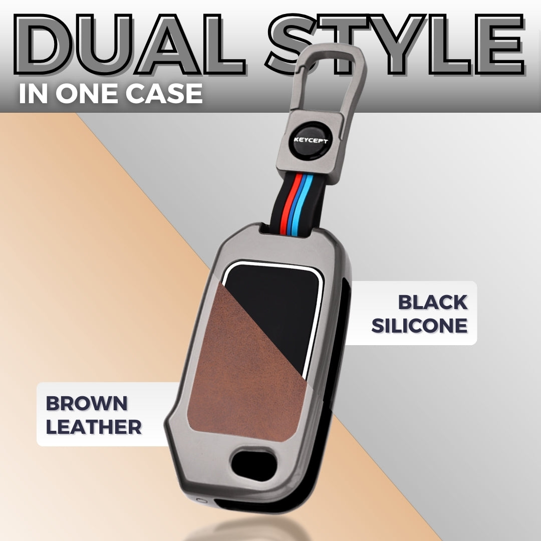 Keycept Metal Alloy Car Key Cover for Kia Seltos, Sonet, Carens 3 Button Flip Key Cover with Keychain (Dual Black & Tan)
