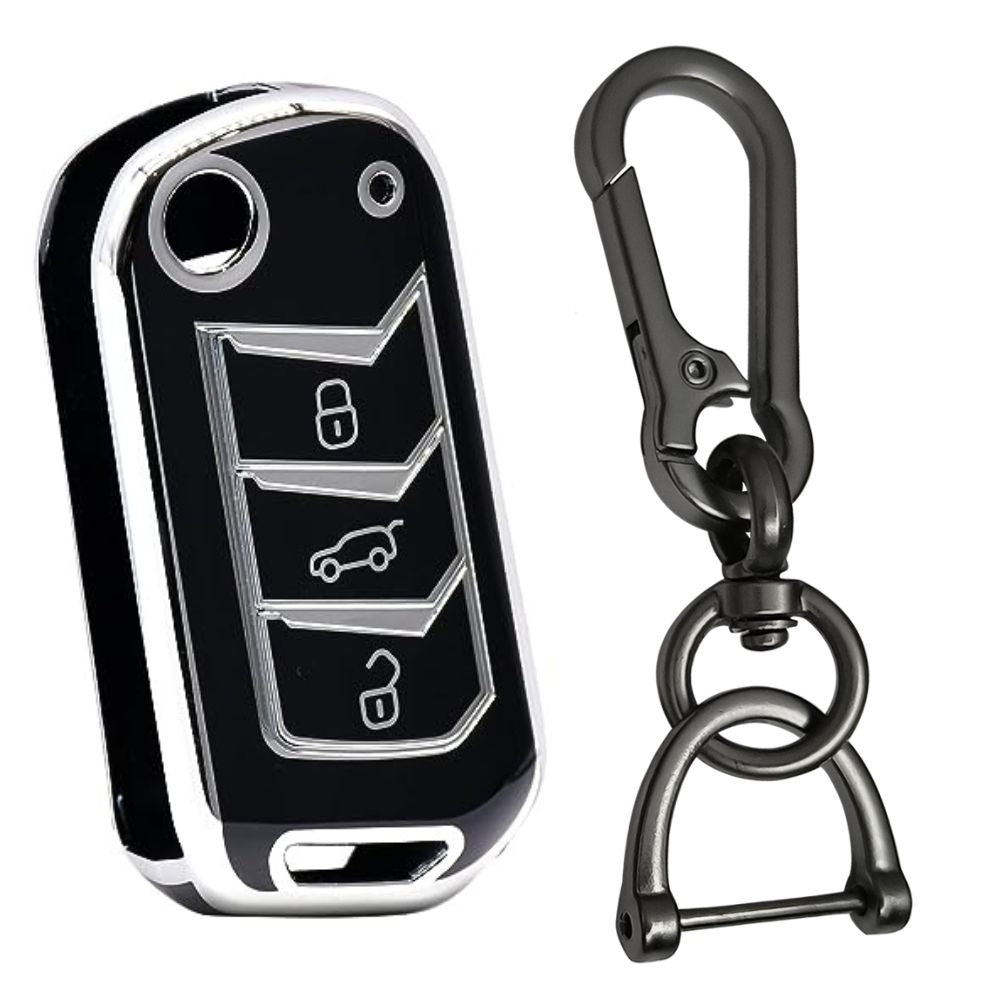 Black Silver Line TPU Car Key Cover For Mahindra Scorpio, Tuv, Bolero, 3XO, Thar, Thar Roxx, XUV 700 3 Button Flip Key With Keychain