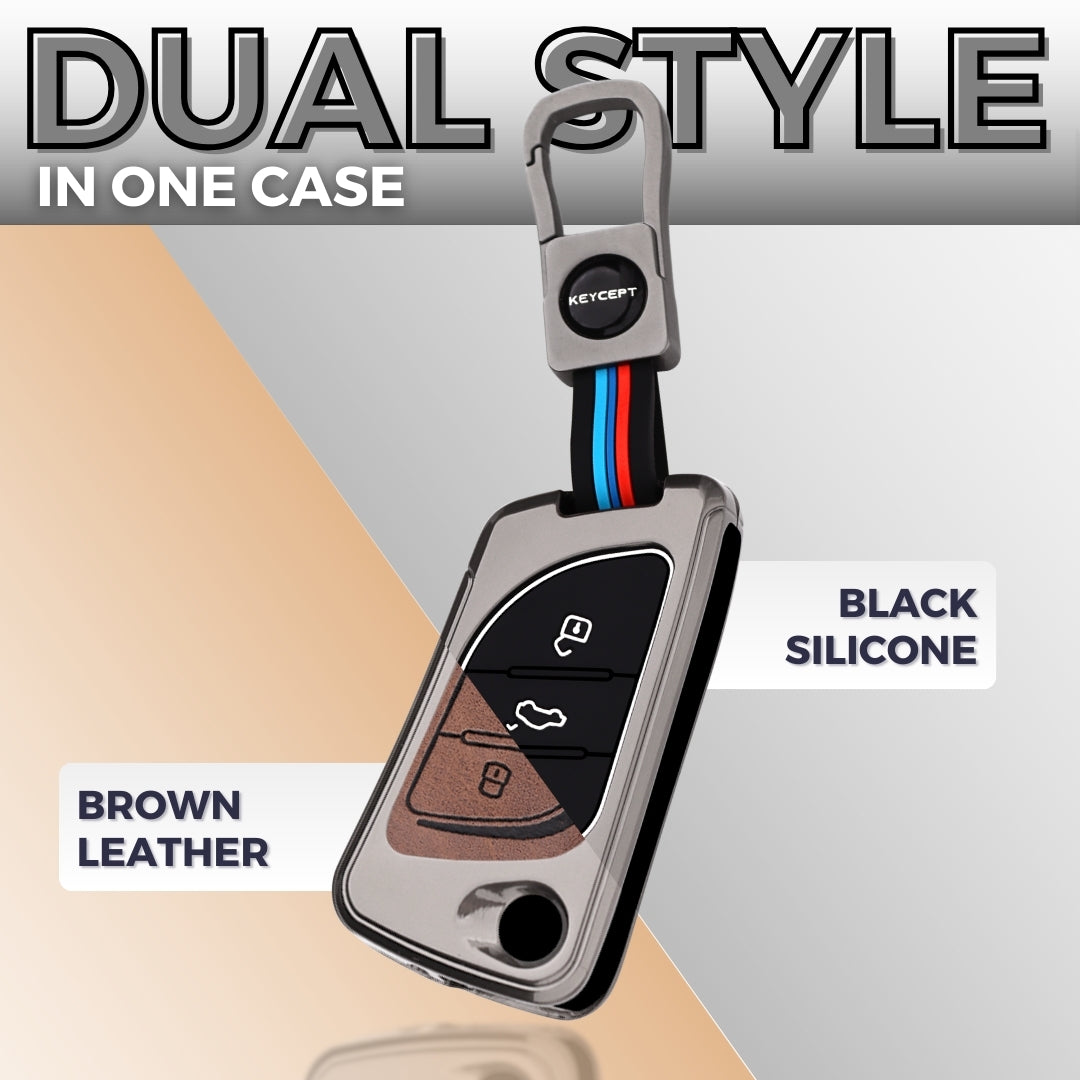 Keycept Metal Alloy Car Key Cover for Universal KD/ Xhorse, LX-B30 universal remote flip Key Cover with Keychain (Dual Black & Tan)