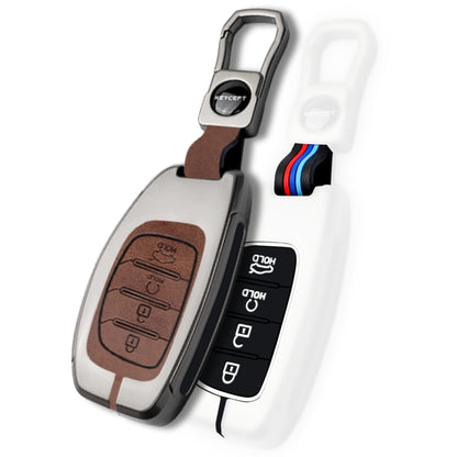 Keycept Metal Alloy Car Key Cover for Hyundai Alcazar, Creta, Tucson - 4 Button Smart Key with Keychain (Dual Black & Tan)