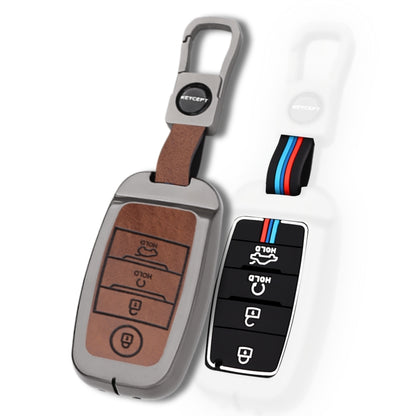 Keycept Metal Alloy Car Key Cover for Kia Seltos, Sonet, Carens 4 Button Smart Key with Keychain (Dual Black & Tan)