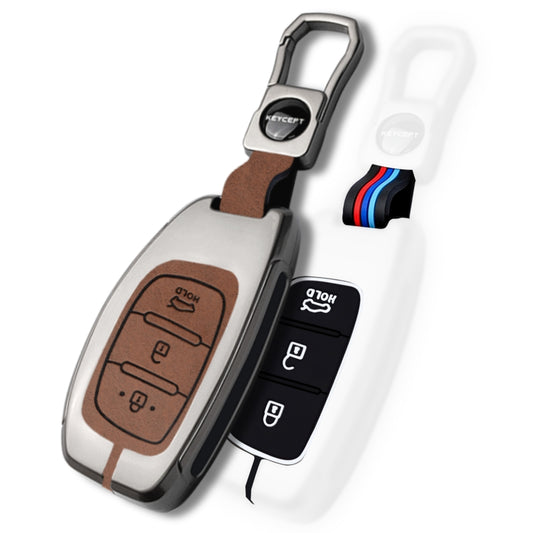 Keycept Metal Alloy Car Key Cover for Hyundai Grand i10 NIOS Asta, Venue, i20, Aura, Creta, Elantra - 3 Button Smart Key Cover with Keychain (Black And Tan)
