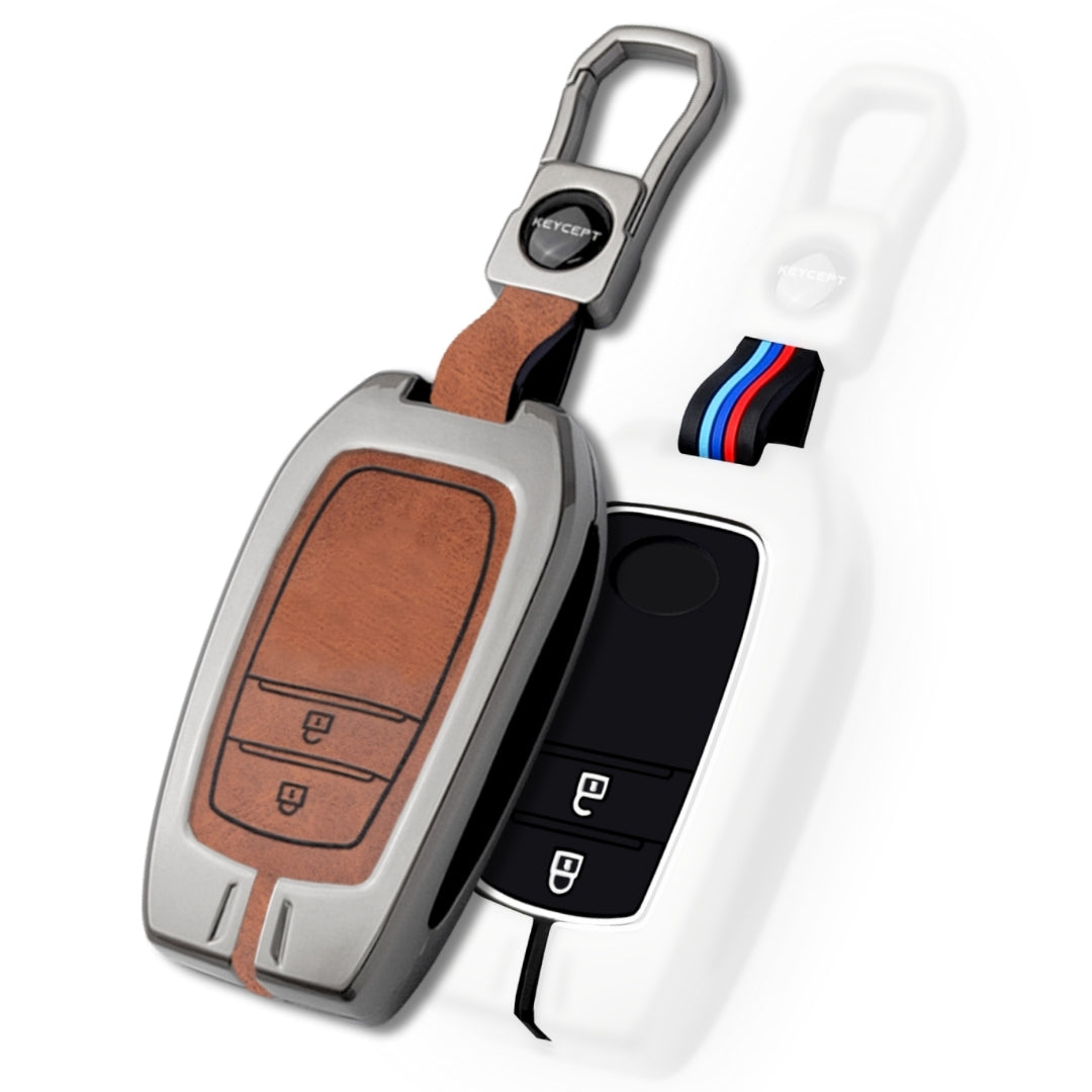Keycept Metal Alloy Key Cover Compatible with Toyota  Fortuner, Hilux, Innova Crysta, Legender, Innova HyCross, Land Cruiser - 2 Button Smart Key Cover with Keychain (Dual Black And Tan)
