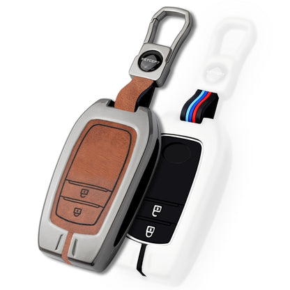 Keycept Metal Alloy Key Cover Compatible with Toyota  Fortuner, Hilux, Innova Crysta, Legender, Innova HyCross, Land Cruiser - 2 Button Smart Key Cover with Keychain (Dual Black And Tan)