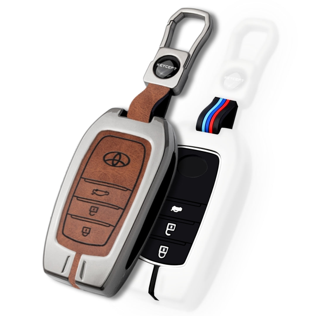Keycept Metal Alloy Car Key Cover for Toyota Fortuner, Hilux, Innova Crysta, Legender, Innova HyCross, Land Cruiser Key Cover with Keychain (Dual Black & Tan)