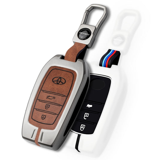 Keycept Metal Alloy Car Key Cover for Toyota Fortuner, Hilux, Innova Crysta, Legender, Innova HyCross, Land Cruiser Key Cover with Keychain (Dual Black & Tan)