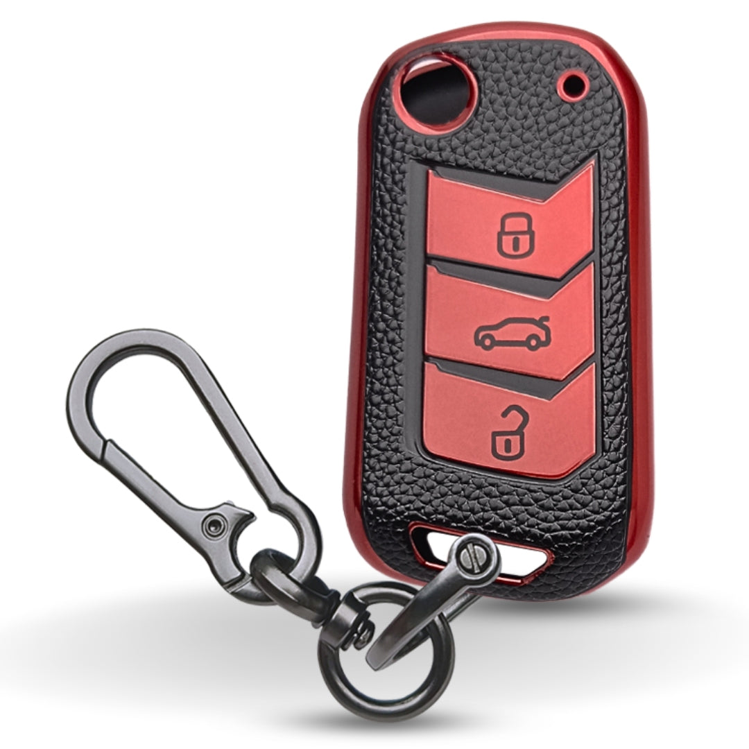 Red Black TPU Leather Key Cover for Mahindra Thar, Scorpio, TUV, Bolero, 3XO, XUV 700, Thar Roxx, Marazzo 3 Button Flip Key Cover.