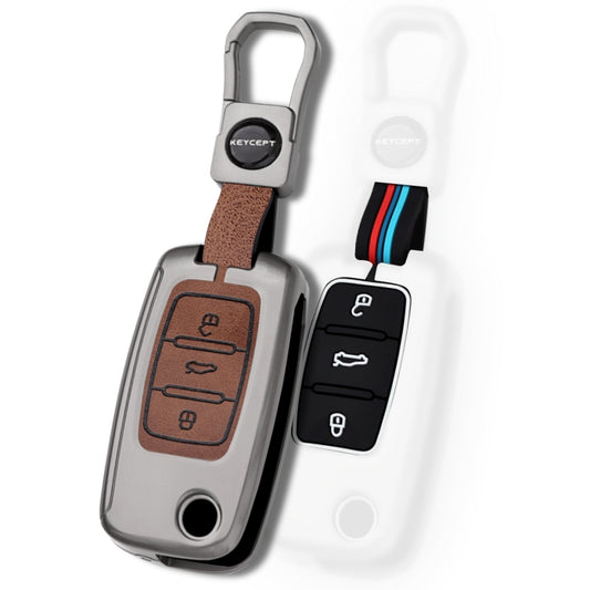 Keycept Metal Alloy Car Key Cover for Skoda/ Volkswagen Polo, Vento, Jetta, Ameo, Passat, Rapid, Laura, Superb, Octavia, Fabia, Yeti  - 3 button Flip Key with Keychain (Black And Tan)