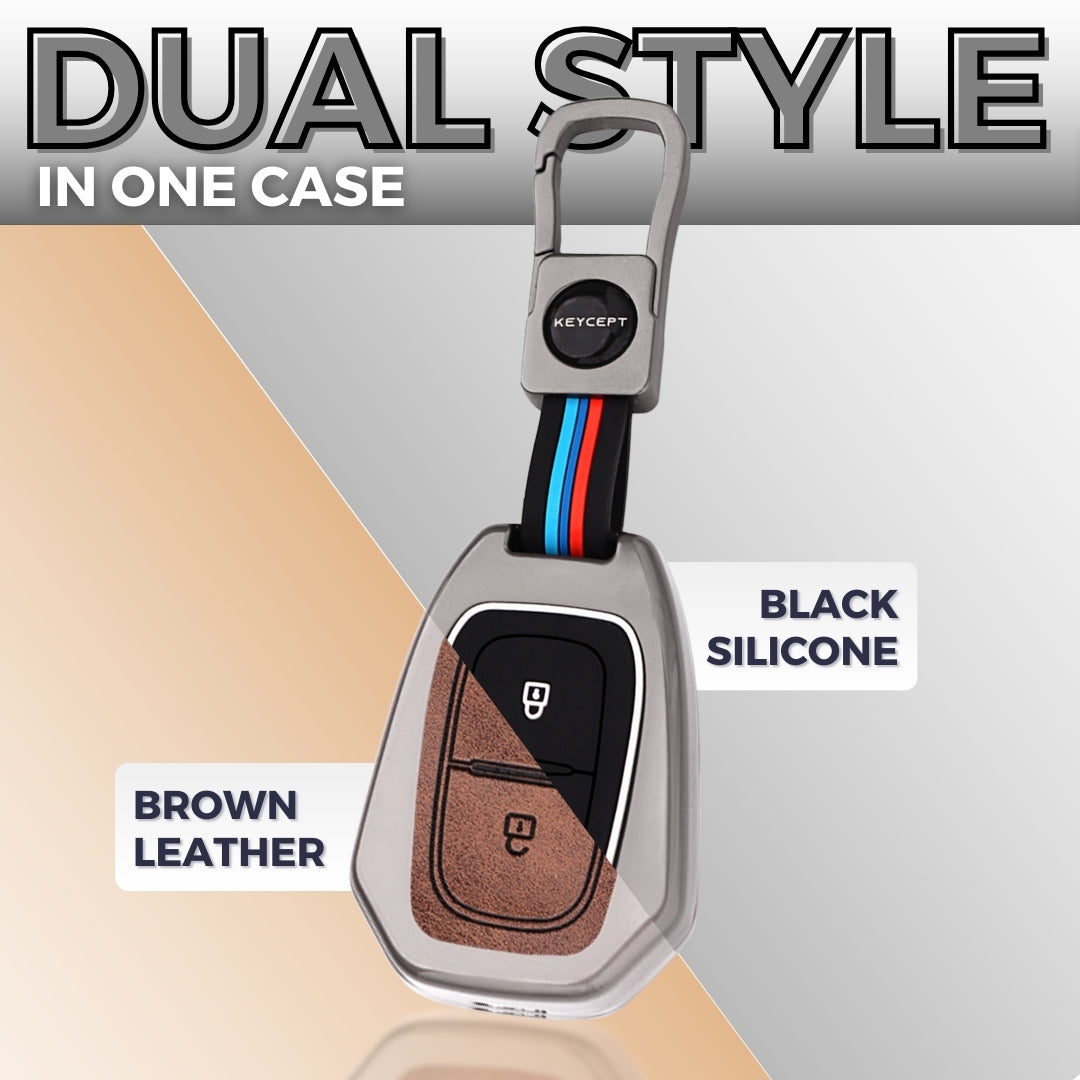 Keycept Metal Alloy Car Key Cover for Renault Kiger, Kwid, Duster 2 Button Remote Key Cover with Keychain (Dual Black & Tan)