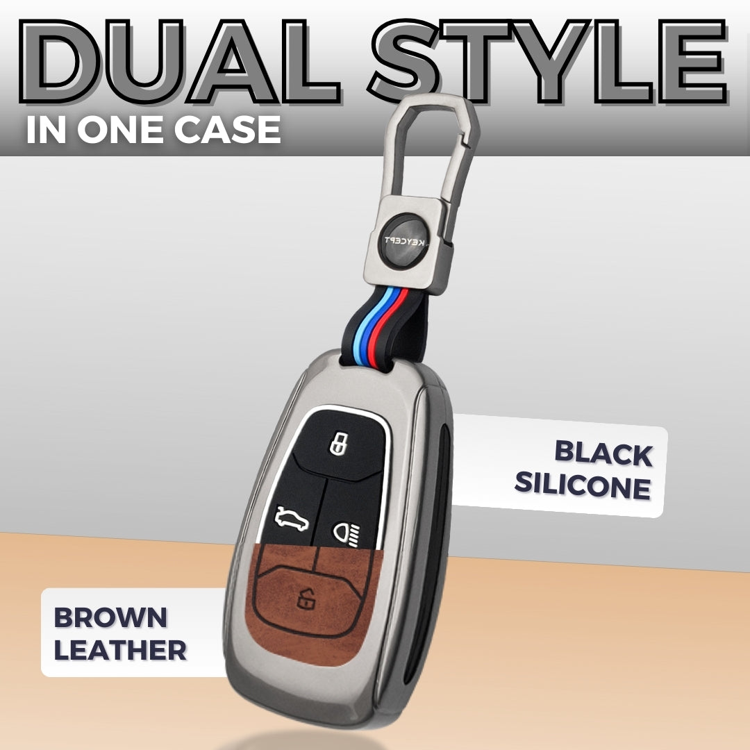 Keycept Metal Alloy Car Key Cover for Tata Nexon, Harrier, Safari, Altroz, Tigor, EV Electric, EV Max, Punch, Tiago Key Cover with Keychain (Dual Black & Tan)