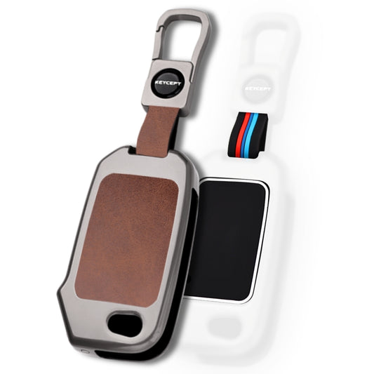 Keycept Metal Alloy Car Key Cover for Kia Seltos, Sonet, Carens - 3 Button Flip Key Cover with Keychain (Dual Black & Tan)