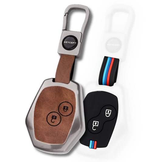 Keycept Metal Alloy Car Key Cover for Renault Logan, Duster, Verito, Lodgy 2 Button Key Cover with Keychain (Dual Black & Tan)