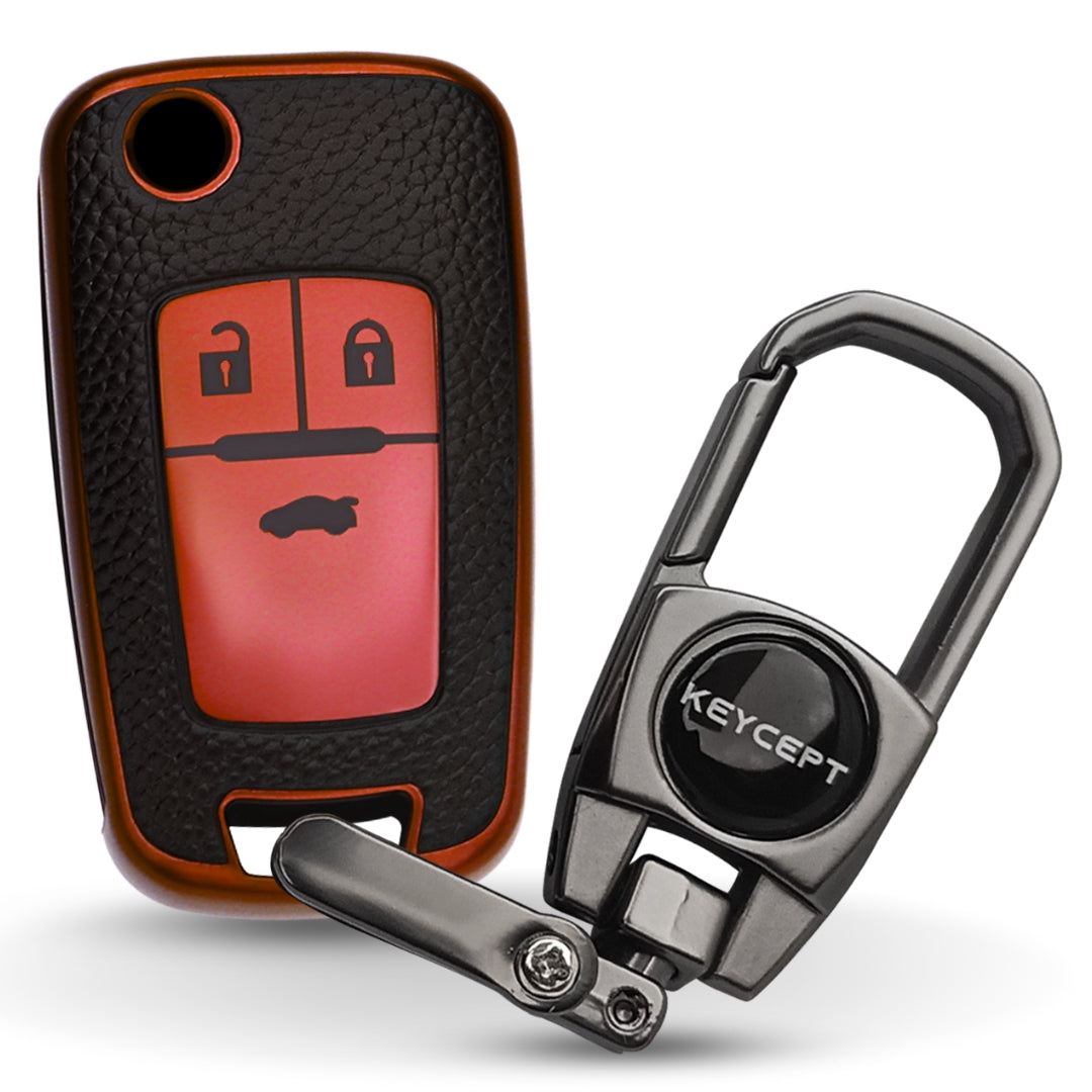Keycept TPU Leather Car Key Cover for Chevrolet Cruze | Beat | Avio | Spark 3 Button Flip Key Only with keychain (Type K2)