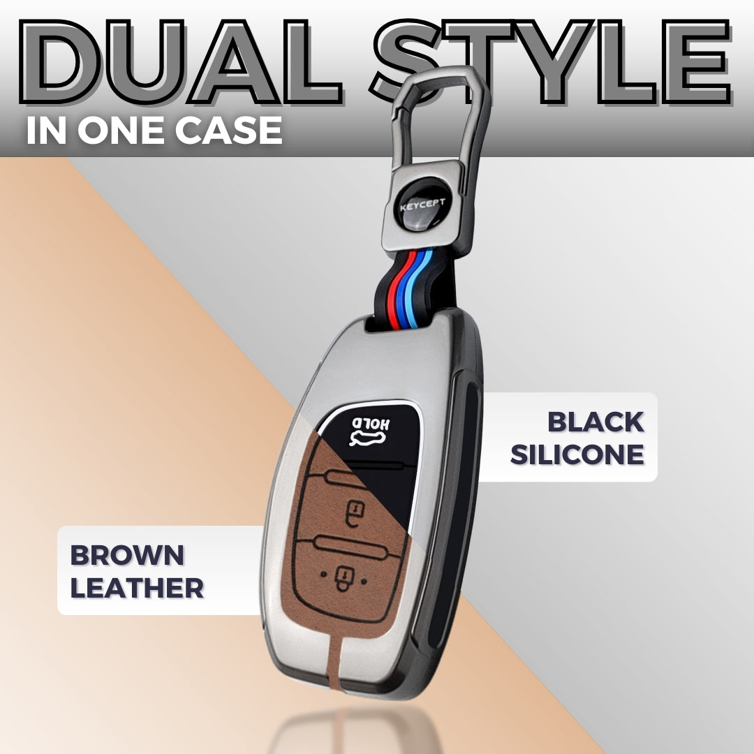Keycept Metal Alloy Car Key Cover for Hyundai Grand i10 NIOS Asta, Venue, i20, Aura, Creta, Elantra Key Cover with Keychain (Dual Black & Tan)