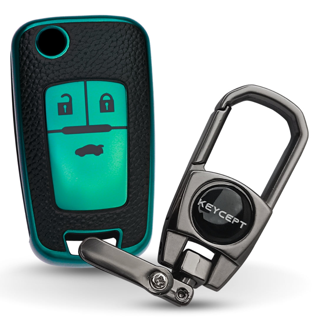 Keycept TPU Leather Car Key Cover for Chevrolet Cruze | Beat | Avio | Spark 3 Button Flip Key Only with keychain (Type K2)
