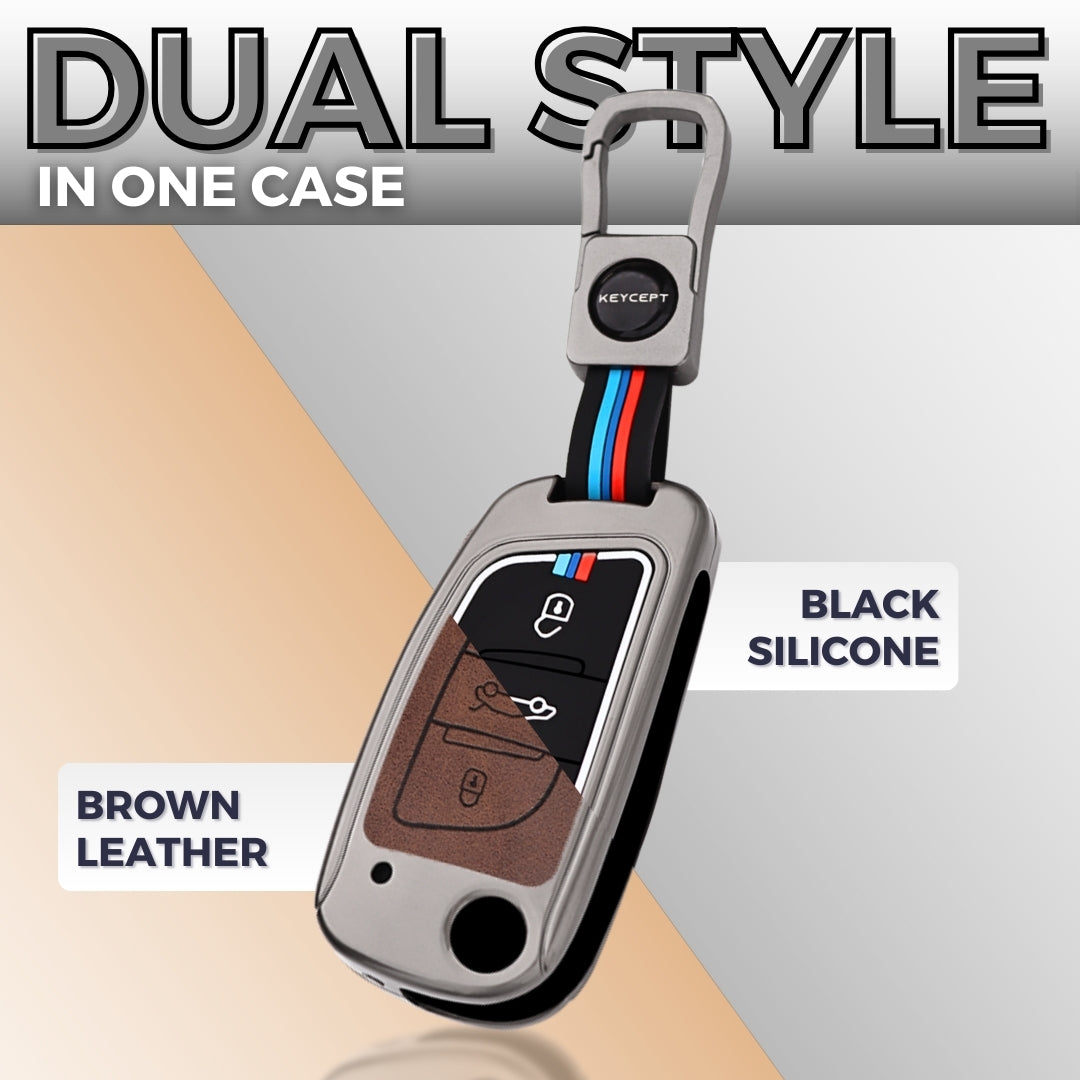 Keycept Metal Alloy Car Key Cover for Universal B11 DS aftermarket remote Key Cover with Keychain (Dual Black & Tan)