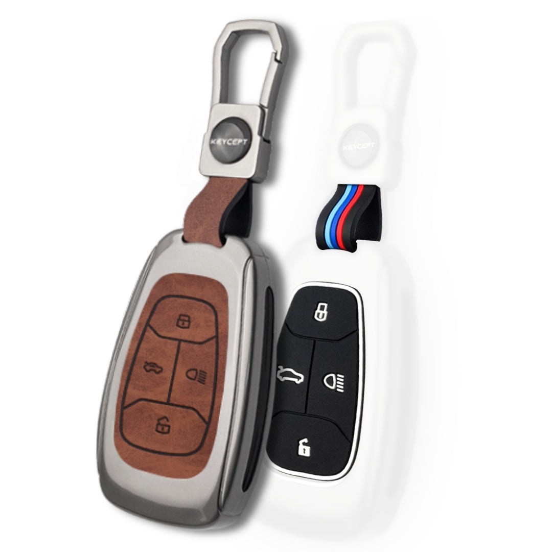 Keycept Metal Alloy Car Key Cover for Tata Nexon, Harrier, Safari, Altroz, Tigor, EV Electric, EV Max, Punch, Tiago Key Cover with Keychain (Dual Black & Tan)