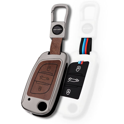 Keycept Metal Alloy Car Key Cover for Universal B11 DS aftermarket remote Key Cover with Keychain (Dual Black & Tan)