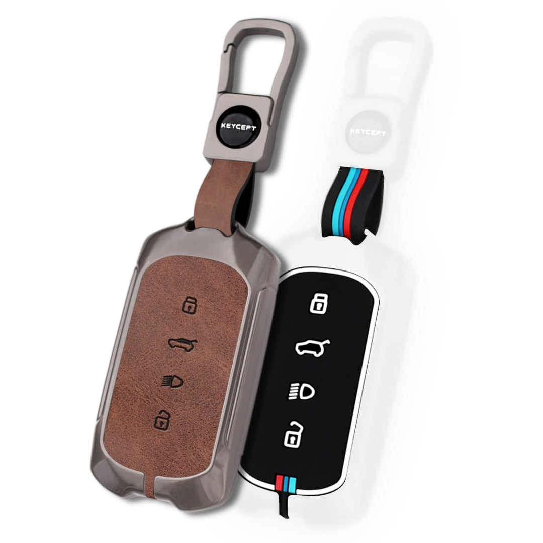 Keycept Metal Alloy Car Key Cover for Tata Curvv, Curvv EV Smart Key Cover with Keychain (Dual Black & Tan)