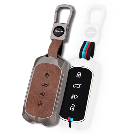 Keycept Metal Alloy Car Key Cover for Tata Curvv, Curvv EV Smart Key Cover with Keychain (Dual Black & Tan)
