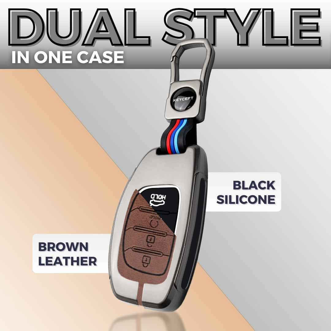 Keycept Metal Alloy Car Key Cover for Hyundai Alcazar, Creta, Tucson Key Cover with keychain (Dual Black & Tan)