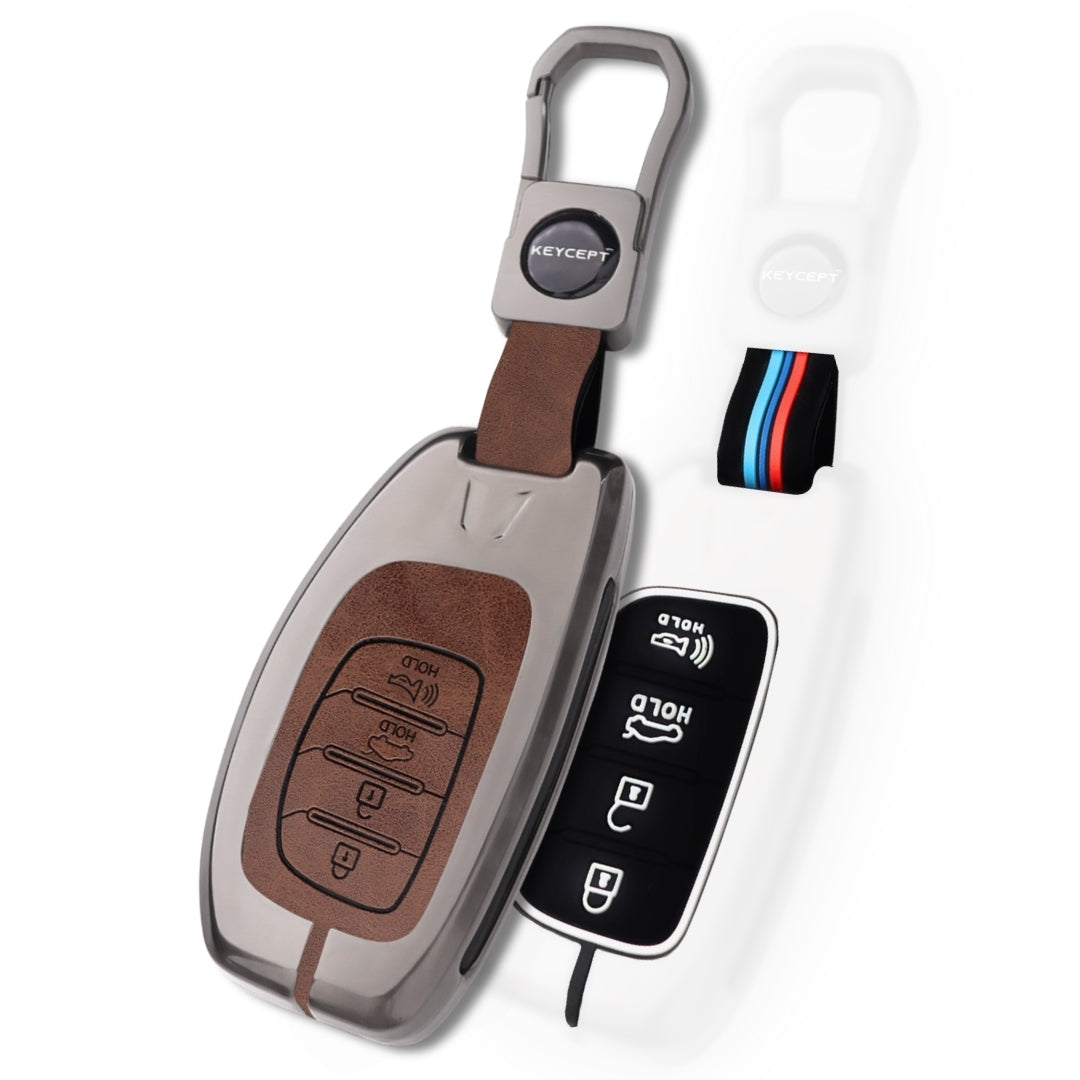 Hyundai Metal Alloy Key Cover with Keychain (Dual Black & Tan)