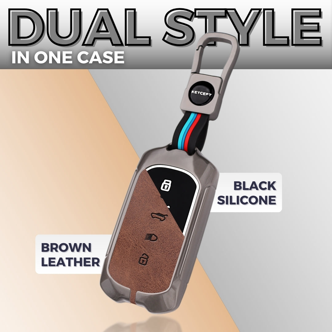 Keycept Metal Alloy Car Key Cover for Tata Curvv, Curvv EV Smart Key Cover with Keychain (Dual Black & Tan)