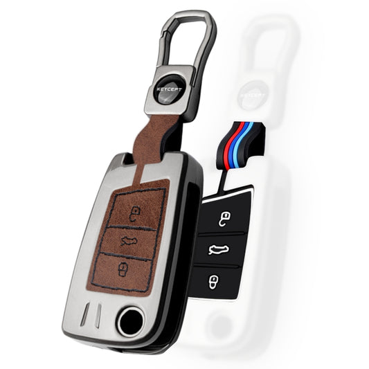 Keycept Metal Alloy Car Key Cover for Skoda/Volkswagen Kushaq, Octavia, Kodiaq, Superb, Slavia, Passat, Virtus, T Roc Key Cover with Keychain (Dual Black & Tan)