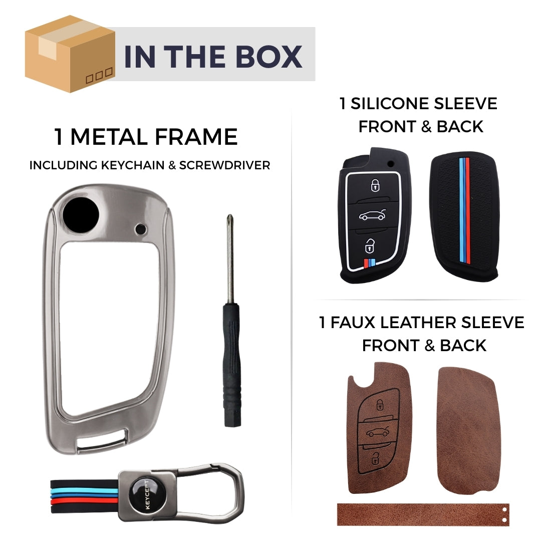Keycept Metal Alloy Car Key Cover for Universal B11 DS aftermarket remote Key Cover with Keychain (Dual Black & Tan)