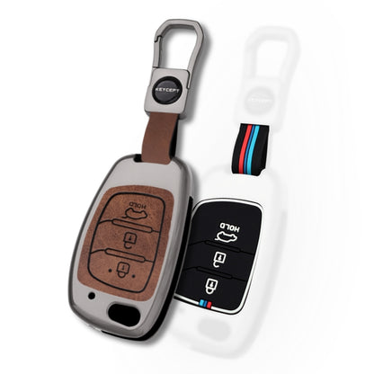 Keycept Metal Alloy Car Key Cover for Hyundai Creta, Venue, Aura, i20, Grand i10 Nios, Xcent Key Cover with Keychain (Black And Tan)