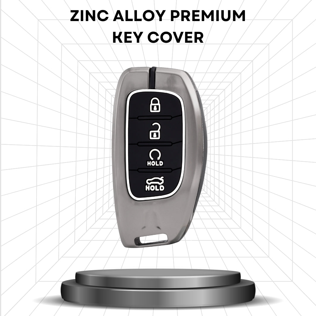 Keycept Metal Alloy Key Cover Compatible with Hyundai Alcazar, Creta, Tucson - 4 Button Smart Key Cover with Keychain