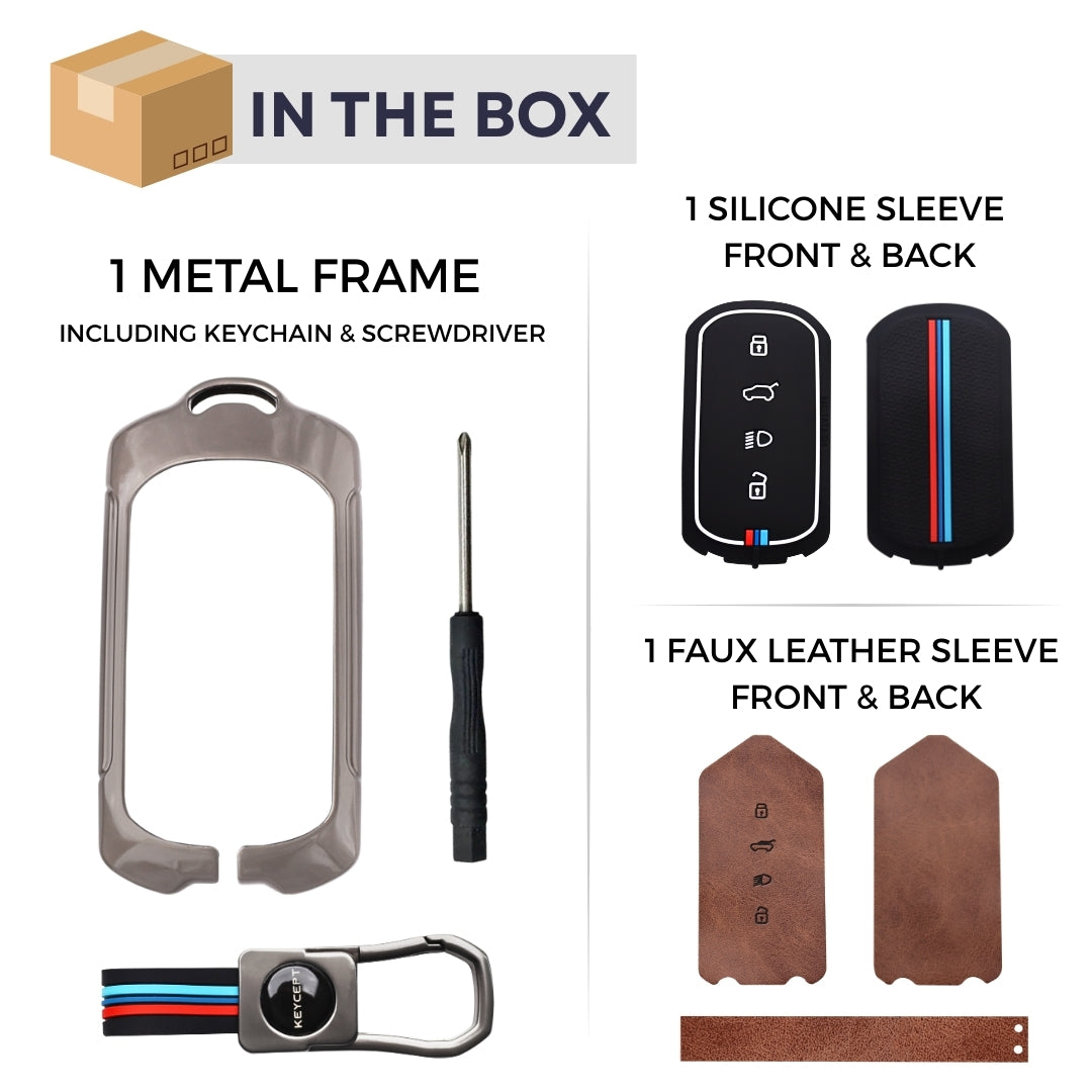 Keycept Metal Alloy Car Key Cover for Tata Curvv, Curvv EV Smart Key Cover with Keychain (Dual Black & Tan)