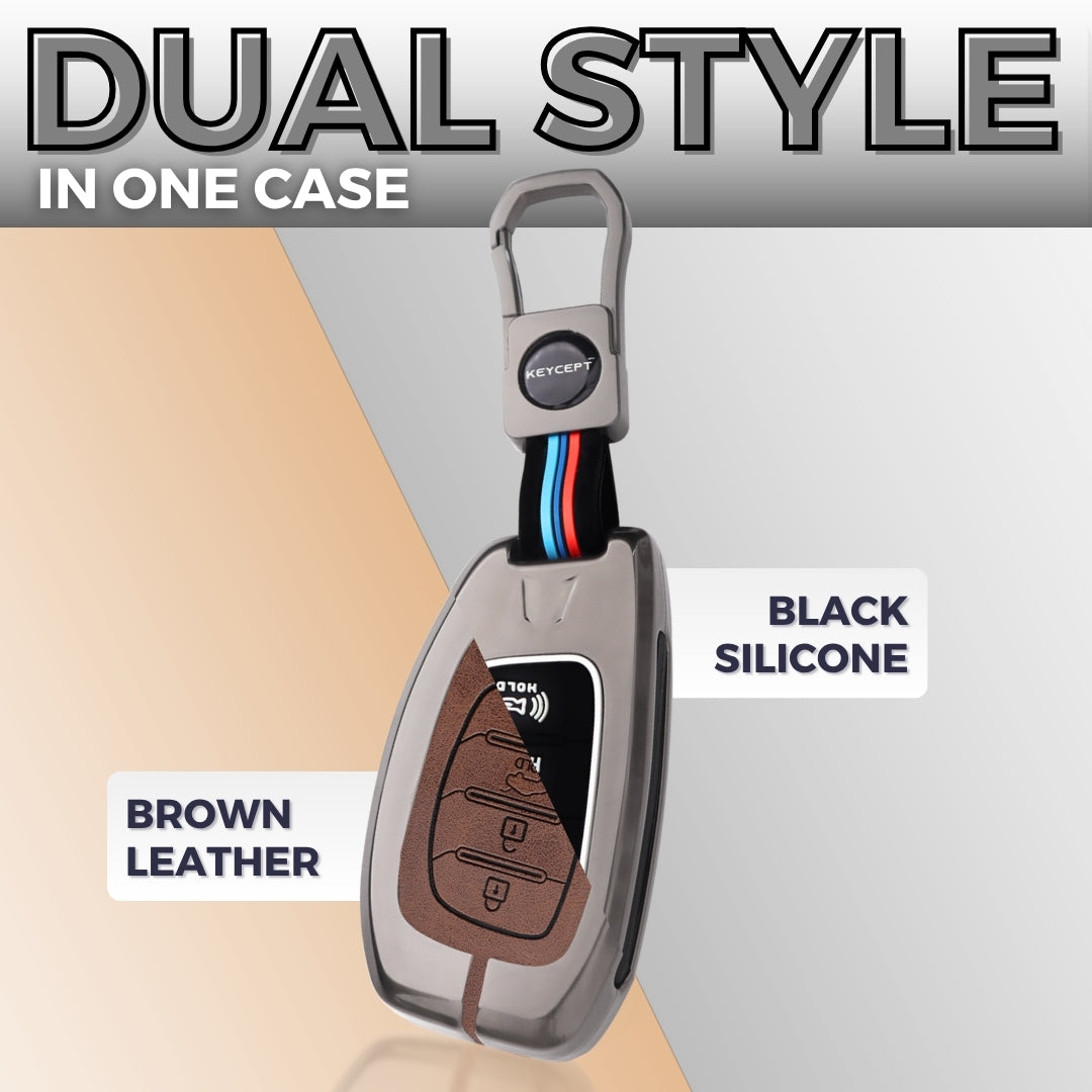 Hyundai Metal Alloy Key Cover with Keychain (Dual Black & Tan)