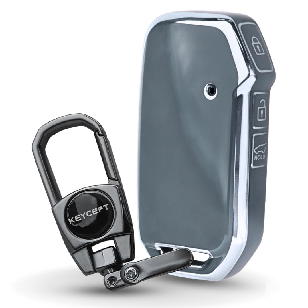 Keycept Silver Line TPU Car Key Cover for Kia Seltos HTE, Sonet HTE, Carens Premium, Prestige 3 Button Smart Key with keychain (Type K2)
