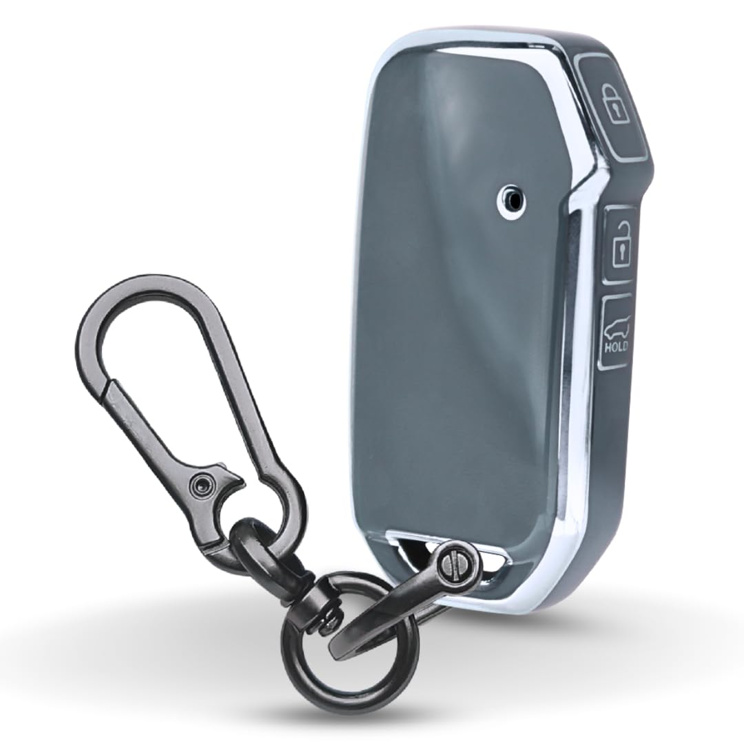 Keycept Silver Line TPU Car Key Cover for Kia Seltos HTE, Sonet HTE, Carens Premium, Prestige 3 Button Smart Key with keychain (Type K1)