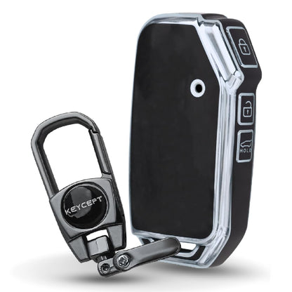 Keycept Silver Line TPU Car Key Cover for Kia Seltos HTE, Sonet HTE, Carens Premium, Prestige 3 Button Smart Key with keychain (Type K2)
