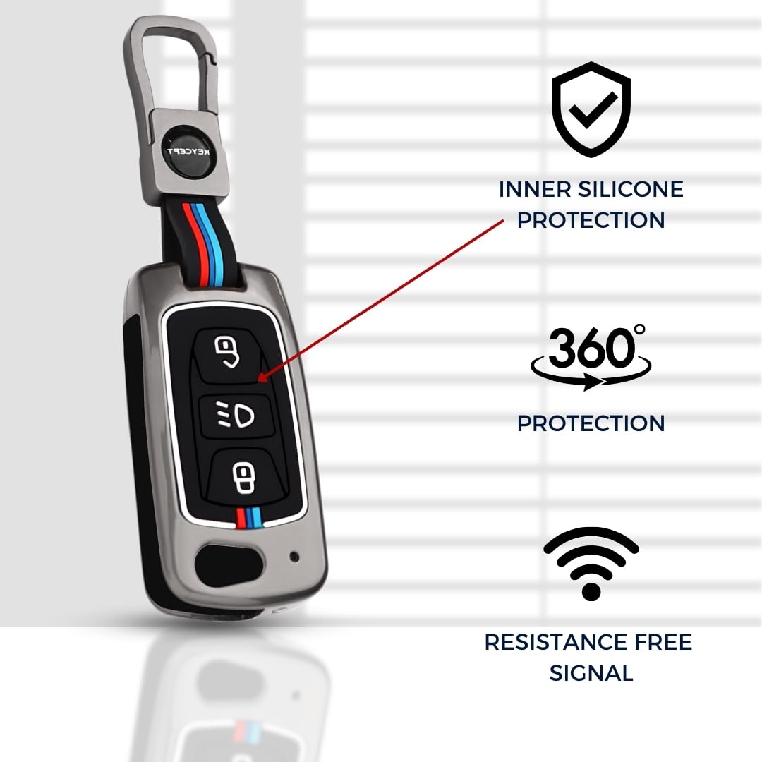 Keycept Metal Alloy Car Key Cover for Tata Tigor, Bolt, Nexon, Hexa, Zest, Tiago, Punch, Safari, Altroz, Storme 3 button Flip Key Cover with Keychain (Type M1)