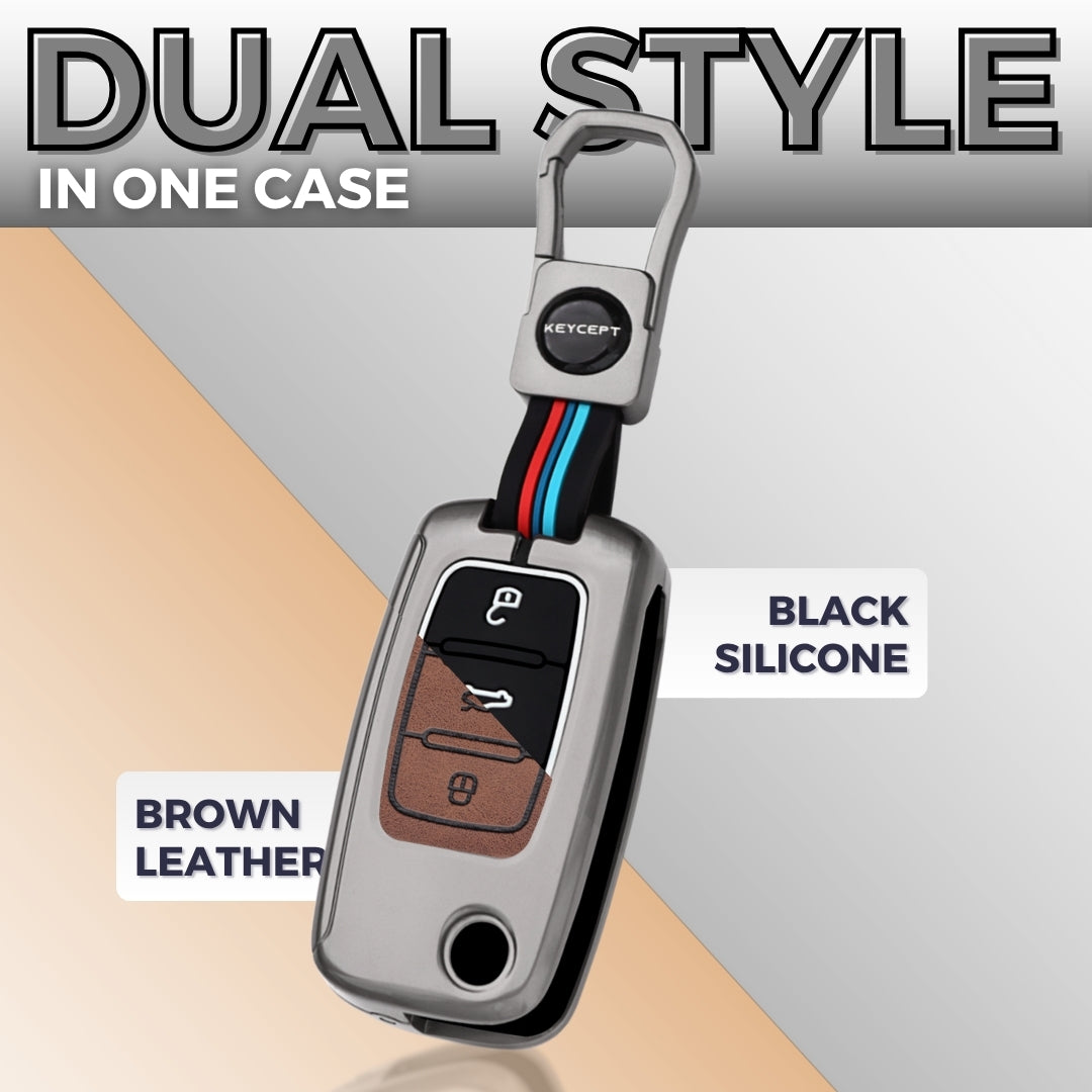 Keycept Metal Alloy Car Key Cover for Skoda/ Volkswagen Polo, Vento, Jetta, Ameo, Passat, Rapid Laura Superb Octavia, Fabia, Yeti 3 button Flip key  Cover with Keychain (Dual Black & Tan)