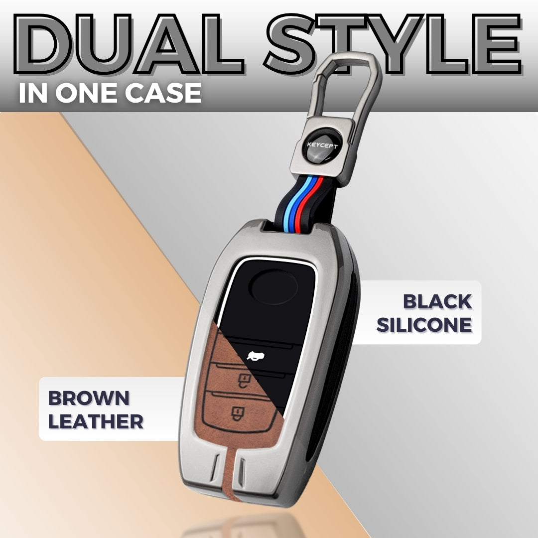 Keycept Metal Alloy Car Key Cover for Toyota Fortuner, Hilux, Innova Crysta, Legender, Innova HyCross, Land Cruiser Key Cover with Keychain (Dual Black & Tan)