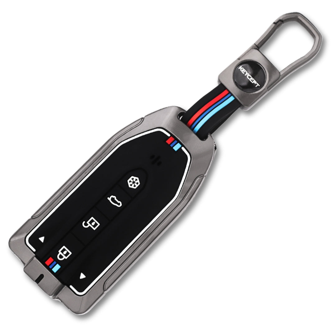 Keycept Metal Alloy Key Cover Compatible with Mahindra XEV 9e & BE 6e – 4/6 Button Smart Key Cover with Keychain (Type M1)