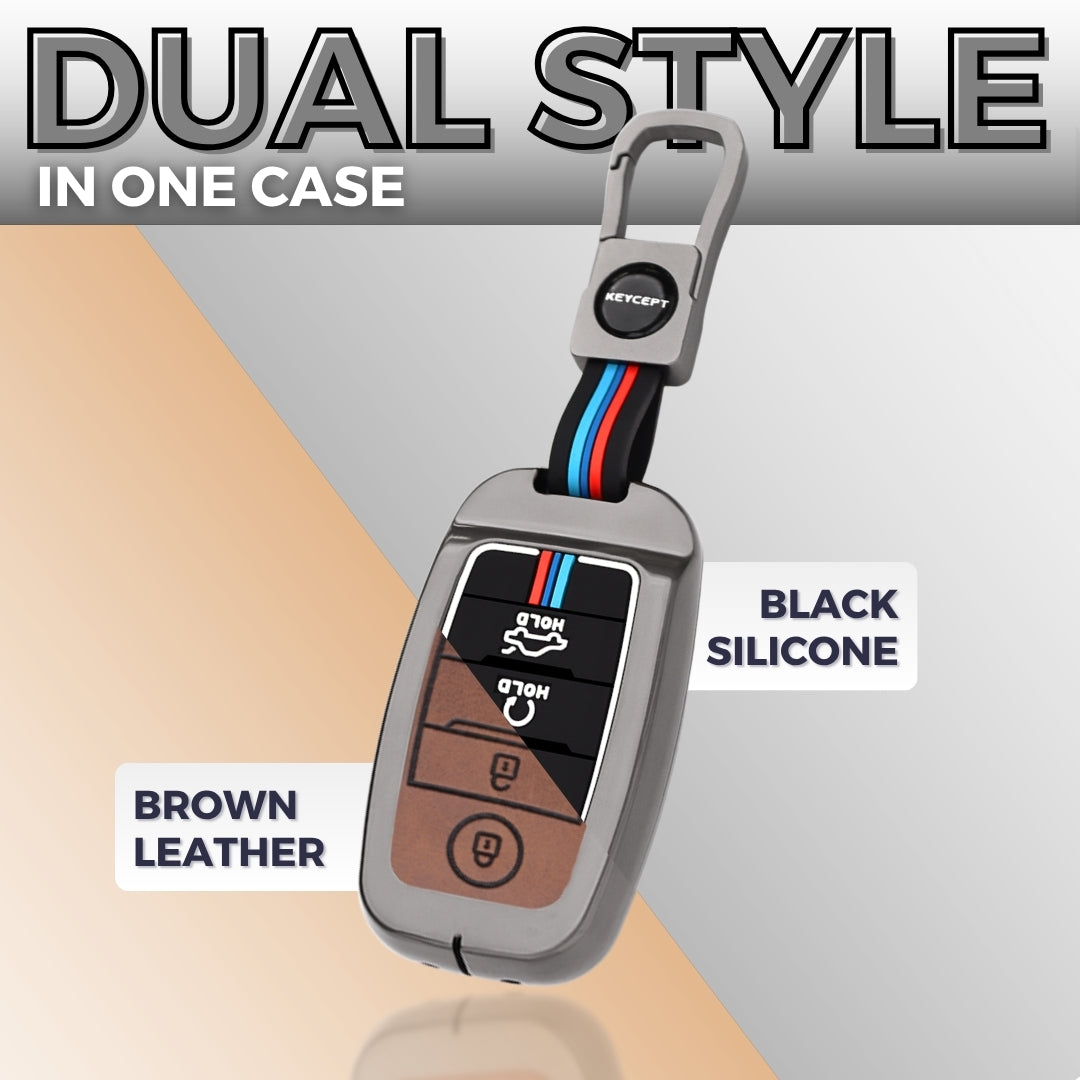 Keycept Metal Alloy Car Key Cover for Kia Seltos, Sonet, Carens 4 Button Smart Key with Keychain (Dual Black & Tan)