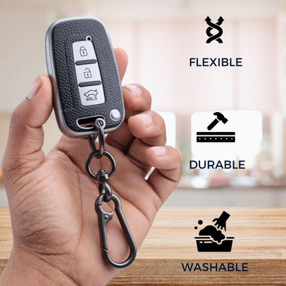 Hyundai TPU (Artificial) Leather Key Cover with Keychain. (Type 1)
