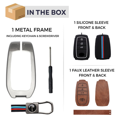 Keycept Metal Alloy Car Key Cover for Toyota Fortuner, Hilux, Innova Crysta, Legender, Innova HyCross, Land Cruiser Key Cover with Keychain (Dual Black & Tan)