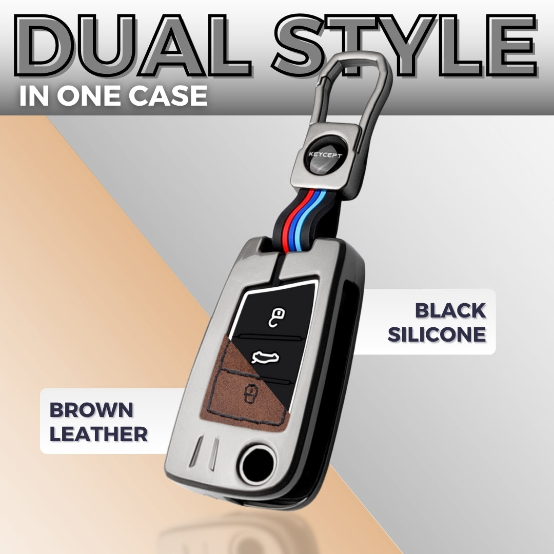 Keycept Metal Alloy Car Key Cover for Skoda/Volkswagen Kushaq, Octavia, Kodiaq, Superb, Slavia, Passat, Virtus, T Roc Key Cover with Keychain (Black And Tan)