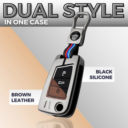 Keycept Metal Alloy Car Key Cover for Skoda/Volkswagen Kushaq, Octavia, Kodiaq, Superb, Slavia, Passat, Virtus, T Roc Key Cover with Keychain (Black And Tan)