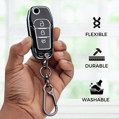 Silver Line TPU Key Cover for Ford Figo, Aspire, Endeavour Flip key with keychain.