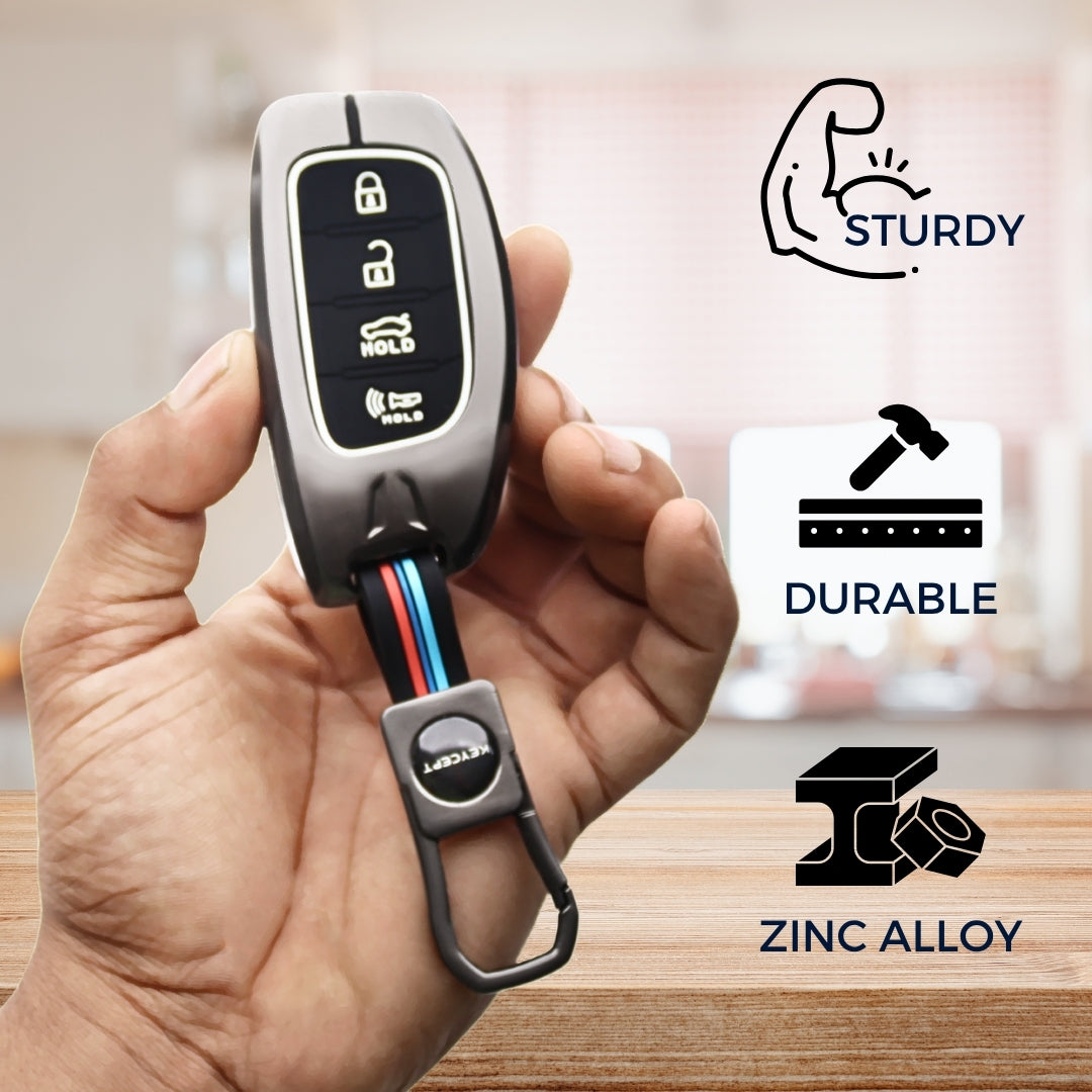 Hyundai Metal Alloy Key Cover with Keychain (Dual Black & Tan)